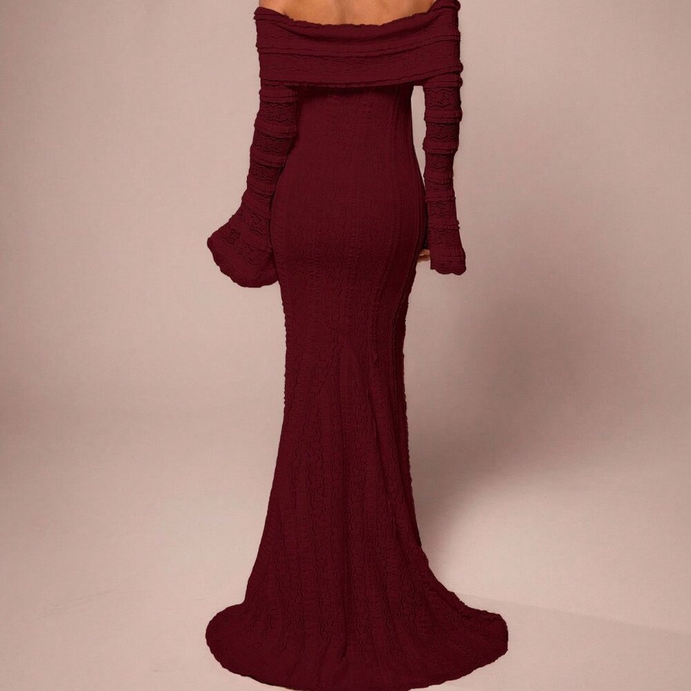 Burgundy Elegant Women's Off-Shoulder Maxi Dress - Picture 2 of 8
